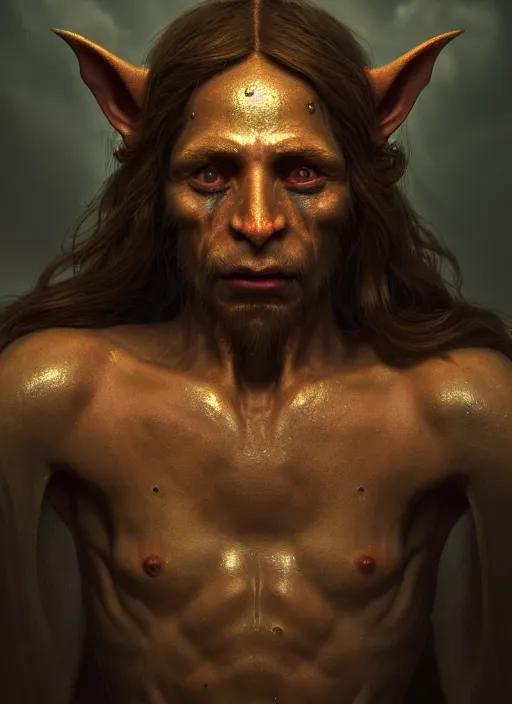 Image similar to portrait of goblin Jesus Christ, perfect facial symmetry + dim volumetric lighting, 8k octane beautifully detailed render, post-processing, extremely hyperdetailed, intricate, epic composition, grim yet sparkling atmosphere, cinematic lighting + masterpiece, trending on artstation