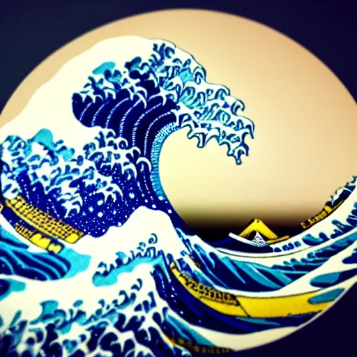 Prompt: the great wave off kanagawa made of lego, soft lighting