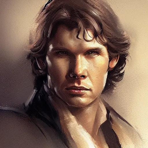 Prompt: portrait of a man by greg rutkowski, han solo, star wars expanded universe, he is about 3 0 years old, highly detailed portrait, digital painting, artstation, concept art, smooth, sharp foccus ilustration, artstation hq