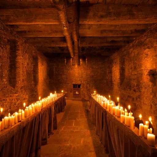 Image similar to the interior of a medieval castle with knights templar, diffused light, candles, mystical