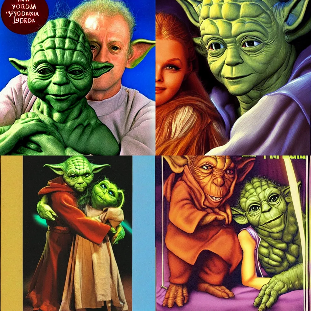 Prompt: Norm Eastman romance novel cover art of Yoda and Yaddle