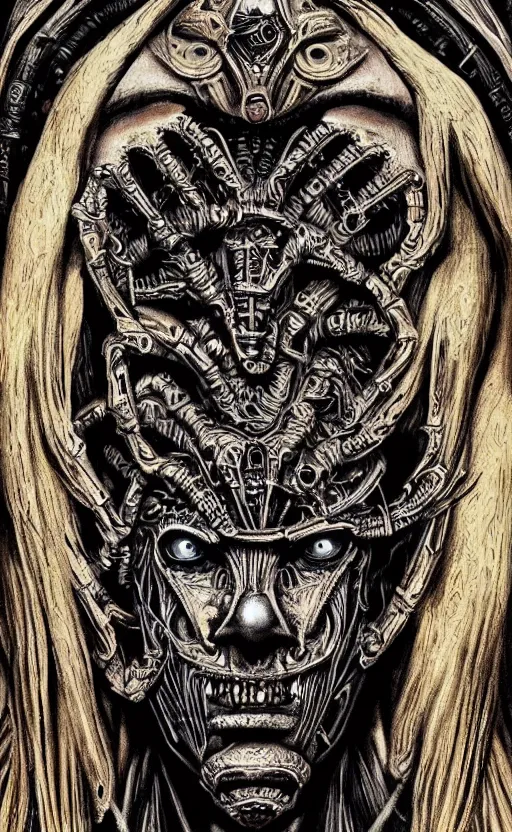 Image similar to H.R. Giger and Elden Ring themed painting of ancient hybrid majestic aztec warrioor fantasy biomechanical human beautiful angel symmetrical face angry mask closeup face mask tattoo pattern golden ratio concept, deep forest psytrance Neo-Gothic concept, infinity glyph waves, intricate artwork masterpiece, very coherent artwork, cinematic, full frontal facial features by Artgerm, Takato Yamamoto, Zdizslaw Beksinski, Johnatan Wayshak, Moebius, Ayami Kojima, very coherent artwork, trending on cgsociety, ultra high quality model, production quality cinema model, high detail chromatic ink outline, octane render, unreal engine 8k, hyper realism, high detail, octane render, unreal engine, 8k, High contrast