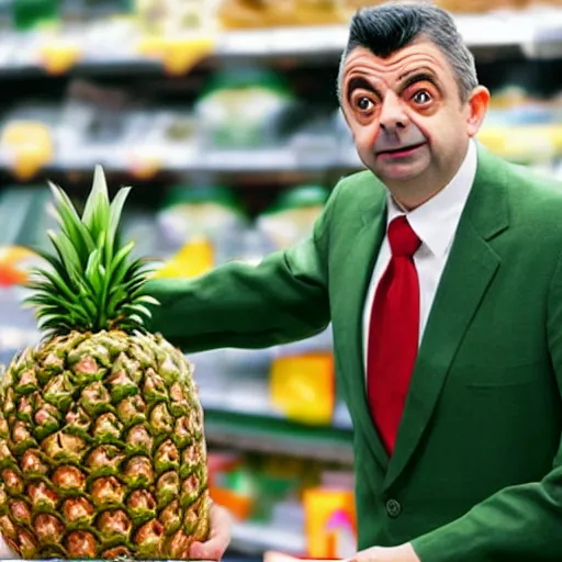 Image similar to rowan atkinson stealing a pineapple from target, realistic photo, uhd