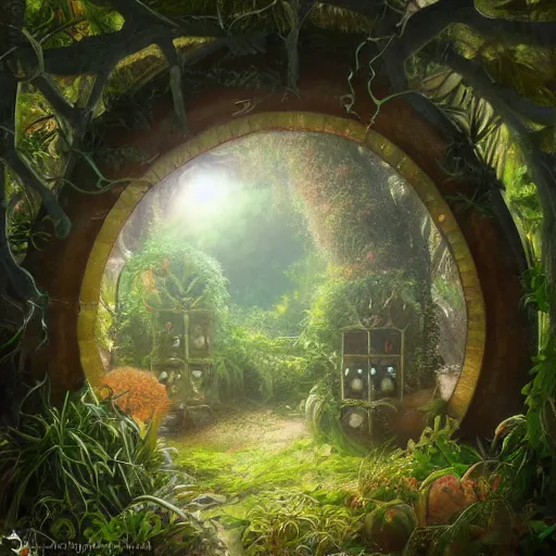 Image similar to a portal in a mysterious garden filled with spherical plants, by Claesz, Pieter, trending on art station