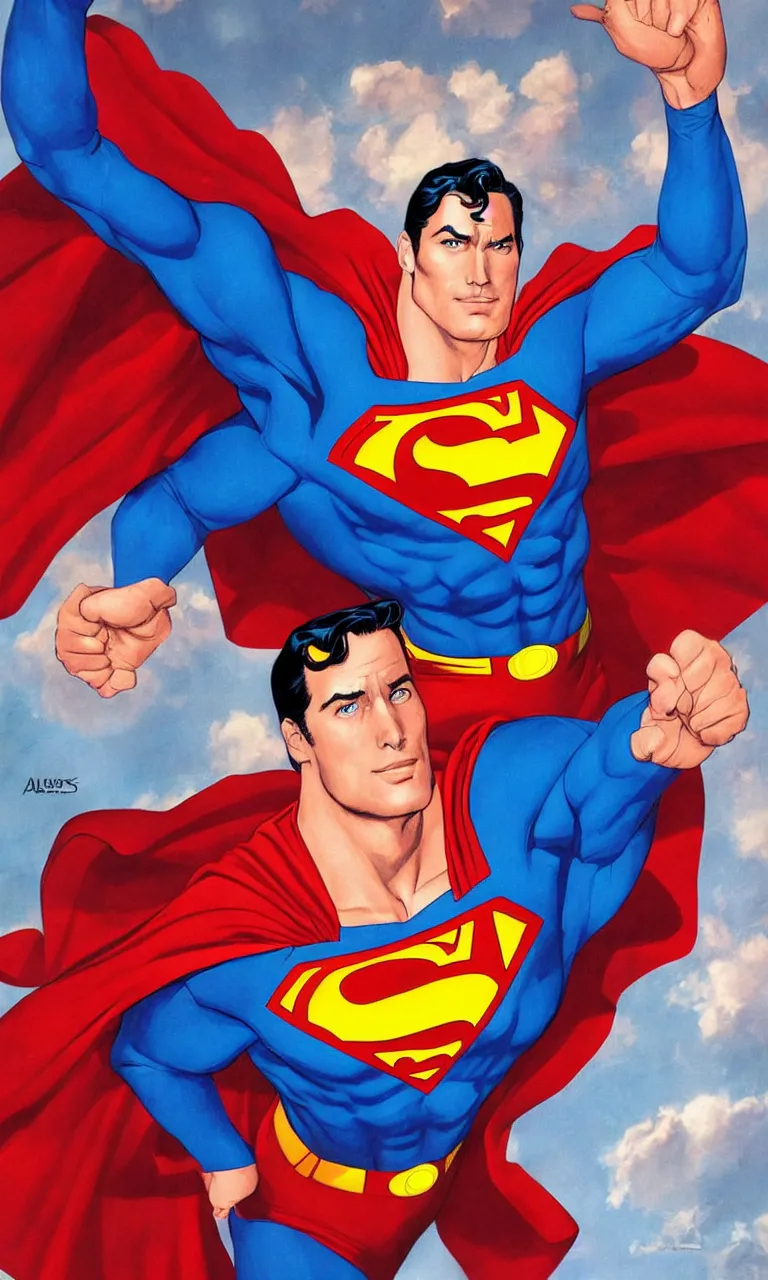 Image similar to a famous handsome actor as superman by alex ross