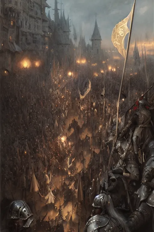 Image similar to medieval parade of knights, holiday, by wlop, by luis royo, by peter mohrbacher, concept art, digital illustration, intricate, masterpiece, elegant, super detailed, unreal engine rendering, smooth, sharp focus, artstation hq