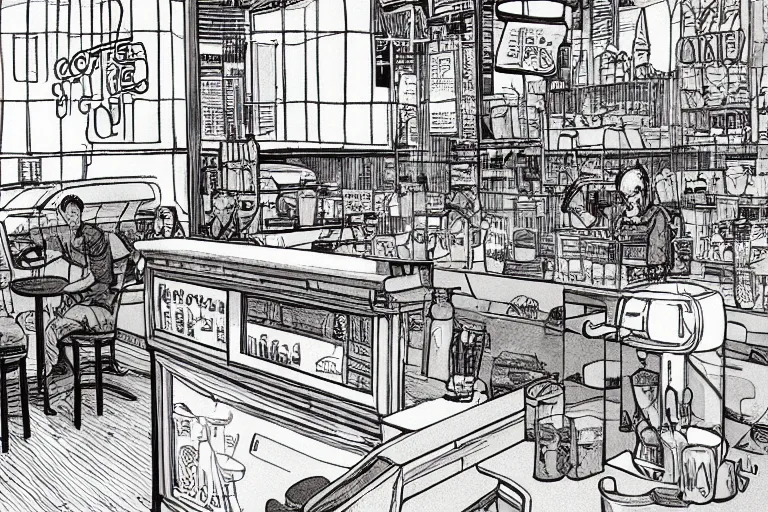 Image similar to coffee shop by moebius