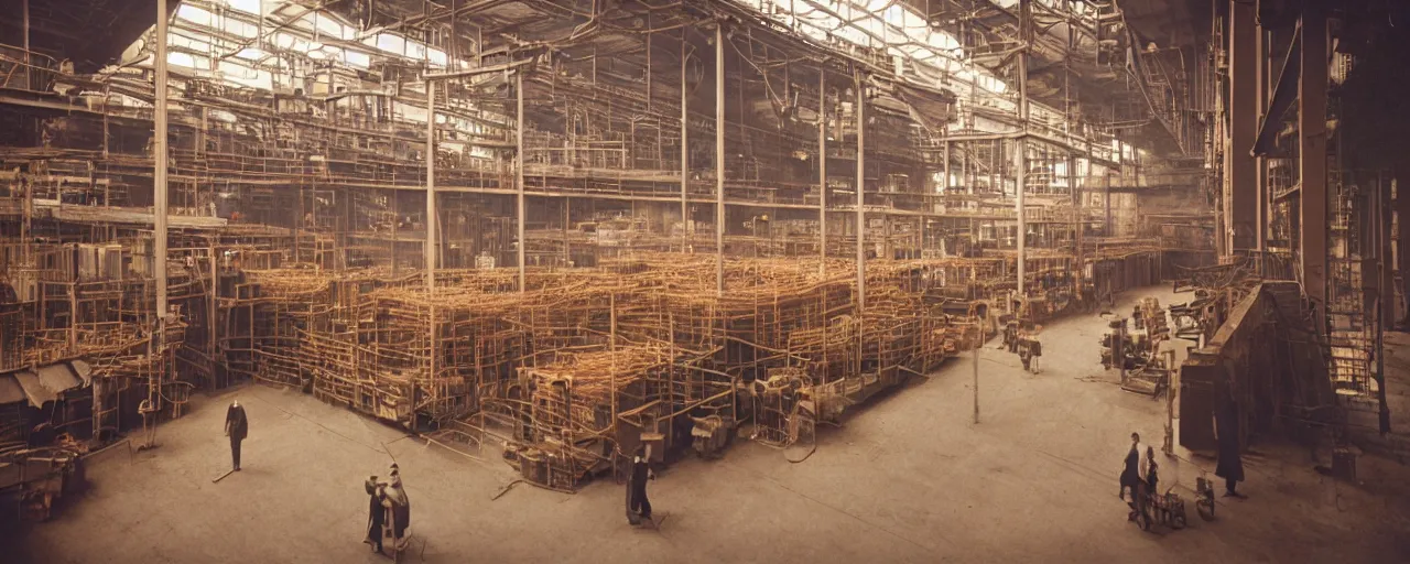 Prompt: spaghetti in a 1 9 2 0's industrial factory, steam, national geographic, detailed, canon 2 0 mm, wes anderson, kodachrome