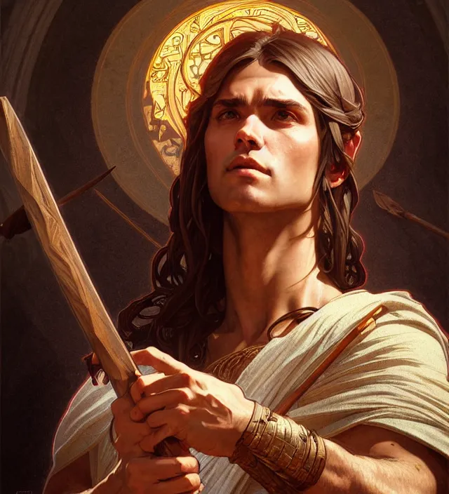 Image similar to portrait of biblical cain holding a spear, intricate, headshot, highly detailed, digital painting, artstation, concept art, sharp focus, cinematic lighting, illustration, art by artgerm and greg rutkowski, alphonse mucha, cgsociety