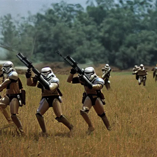 Image similar to star wars clone troopers combat soldiers in vietnam, photo, old picture, lush landscape, field, firearms, explosions, xwings, aerial combat, active battle zone, flamethrower, air support, jedi, land mines, gunfire, violent, star destroyers, star wars lasers, sci - fi, jetpacks, agent orange, bomber planes, smoke, trench warfare