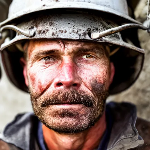 Prompt: close up face male portrait of a coal miner who just finished is last shift.