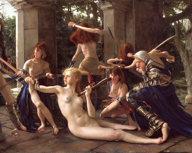 Image similar to a group of female elves hammering a sword, key lighting, soft lights, by steve hanks, by edgar maxence, by caravaggio, by michael whelan, by delacroix, by serov valentin, by tarkovsky, 8 k render, detailed, oil on canvas