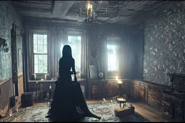 Prompt: VFX movie of levitating ascending beautiful goth woman in the decadent attic, demonic magic ritual, candles, glowing eyes, atmospheric natural lighting at night by Emmanuel Lubezki