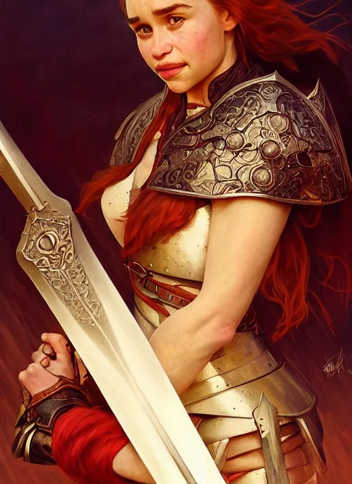 Image similar to staring seductevely portrait of emilia clarke as a knight, medival armor, redhead, sword, dark ages, intricate, headshot, highly detailed, digital painting, artstation, concept art, sharp focus, cinematic lighting, illustration, art by artgerm and greg rutkowski, alphonse mucha, cgsociety