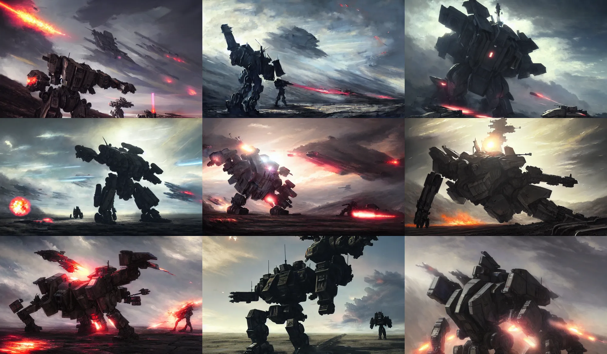 Image similar to an armored core on the ground, booster flares, legs, crossfire, karst landscape, clouds, daylight ; detailed illustrations, pastel tones, deep colors, clear lines, motion blur, by jordan grimme, greg rutkowski