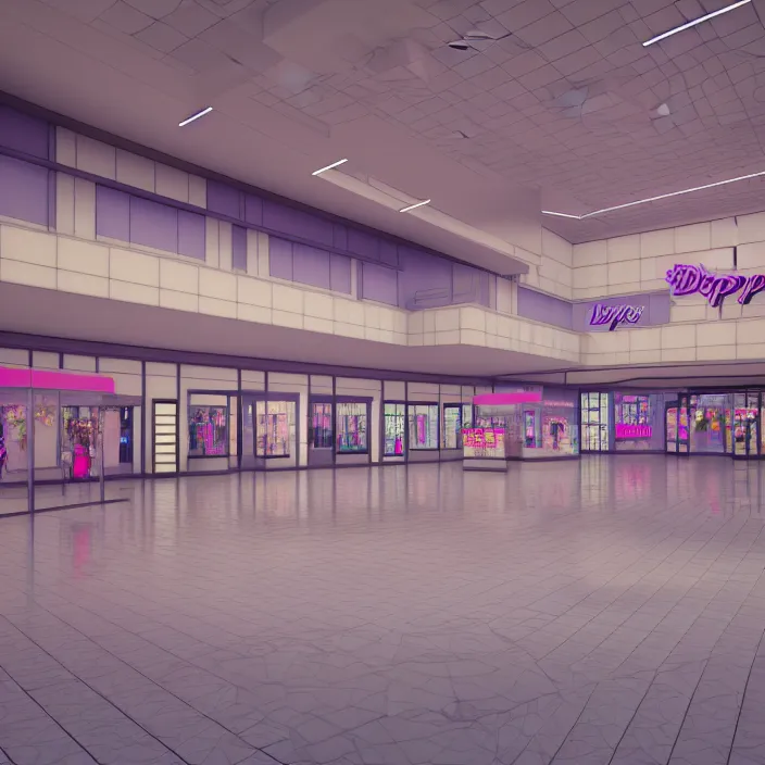 Prompt: vaporwave 8 0 s dreamy empty empty shopping mall, highly detailed, 3 d render, vray, octane, realistic lighting, photorealistic