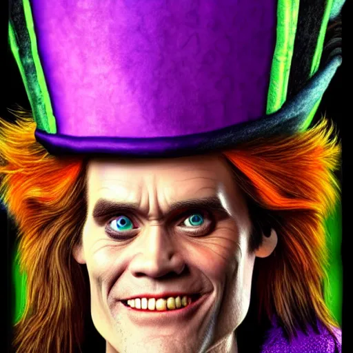 Image similar to Jim Carrey as mad hatter. epic game portrait. Highly detailed. D&D art by Michelangelo