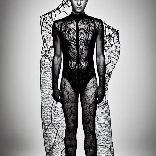 Image similar to a portrait of a beautiful young male wearing an alexander mcqueen bodysuit made of spiderweb lace , photographed by andrew thomas huang, artistic