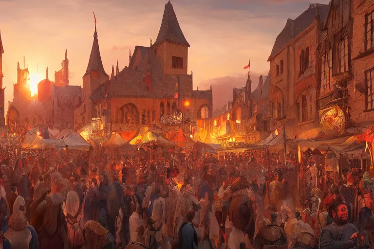 Image similar to crowded medieval market, sunset, cinematic, Artstation