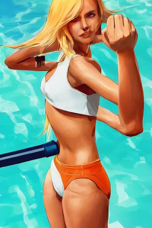 Prompt: a beautiful, very fit woman with long blonde hair wearing a short white crop top and short orange athletic shorts stands by a swimming pool, flexing with a baseball bat, face forward, in the style of artgerm, trending on artstation