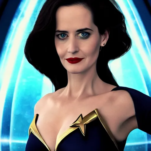 Image similar to a full body portrait of 3 0 year old eva green as a star fleet officer from star trek next generation, ultra rendered, extreme realism and detail, 8 k, highly detailed, realistic, completely framed, hyper realistic, colorful, direct lighting, 3 5 mm photo, photorealistic, sharp focus