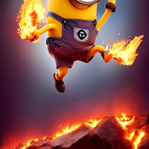 Prompt: Minion jumping into a fire, high quality mastercraft digital painting, impossible detail, hyper realistic, sharp, Official artwork, key art , sharp, 4k, ultrahd, virtuosic level detail, gorgeous lighting