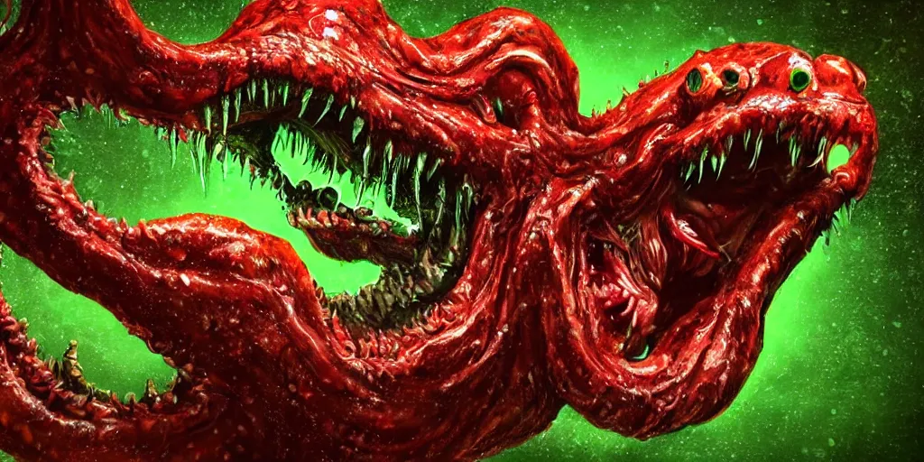 Image similar to a large slimy creepy monster a with very long slimy tongue, dripping saliva, macro photo, fangs, red glowing skin, green skin with scales, cinematic colors, tiny glowbugs everywhere, standing in shallow water, insanely detailed, dramatic lighting