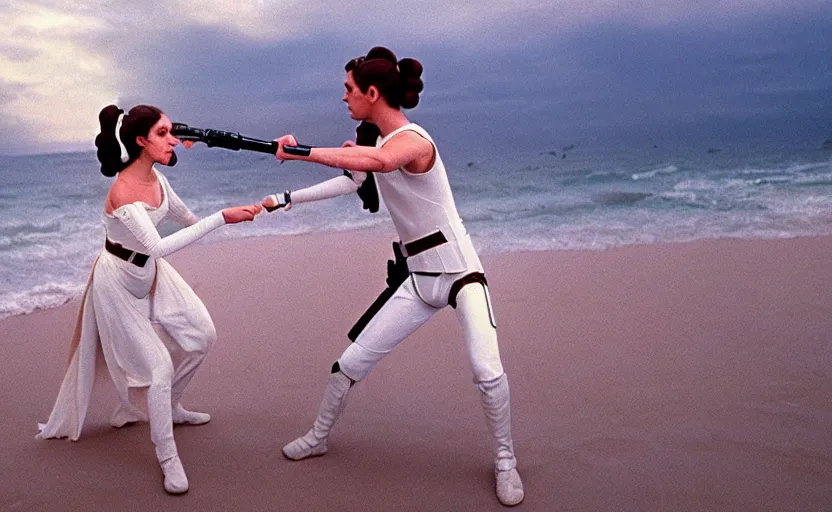 Prompt: portrait Princess Leia using lightsaber against Luke Skywalker on the beach, 1980s film directed by Stanley Kubrick, iconic scene, carrie fischer's photoreal face, stunning cinematography, hyper-detailed, sharp, anamorphic lenses, kodak color, 4k