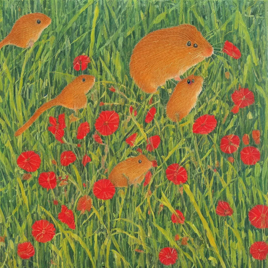 Image similar to harvest mouse in the style of Maud Lewis, oil on canvas