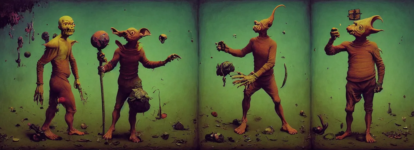 Prompt: full - body portrait surreal colorful clay fighting goblin rpg character concept art anatomy, action pose, very coherent and colorful high contrast masterpiece by norman rockwell franz sedlacek hieronymus bosch dean ellis simon stalenhag rene magritte gediminas pranckevicius, dark shadows, sunny day, hard lighting, reference sheet white! background