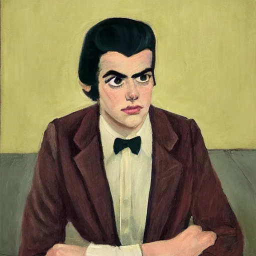 Image similar to a fine art portrait of a young man with black hair that is shorter on the sides, and asymmetrical eyebrows so that one eyebrow is bigger than the other eyebrow. Bags under his eyes. In the style of Stanley Kubrick and Wes Anderson, Art directed by Edward Hopper.