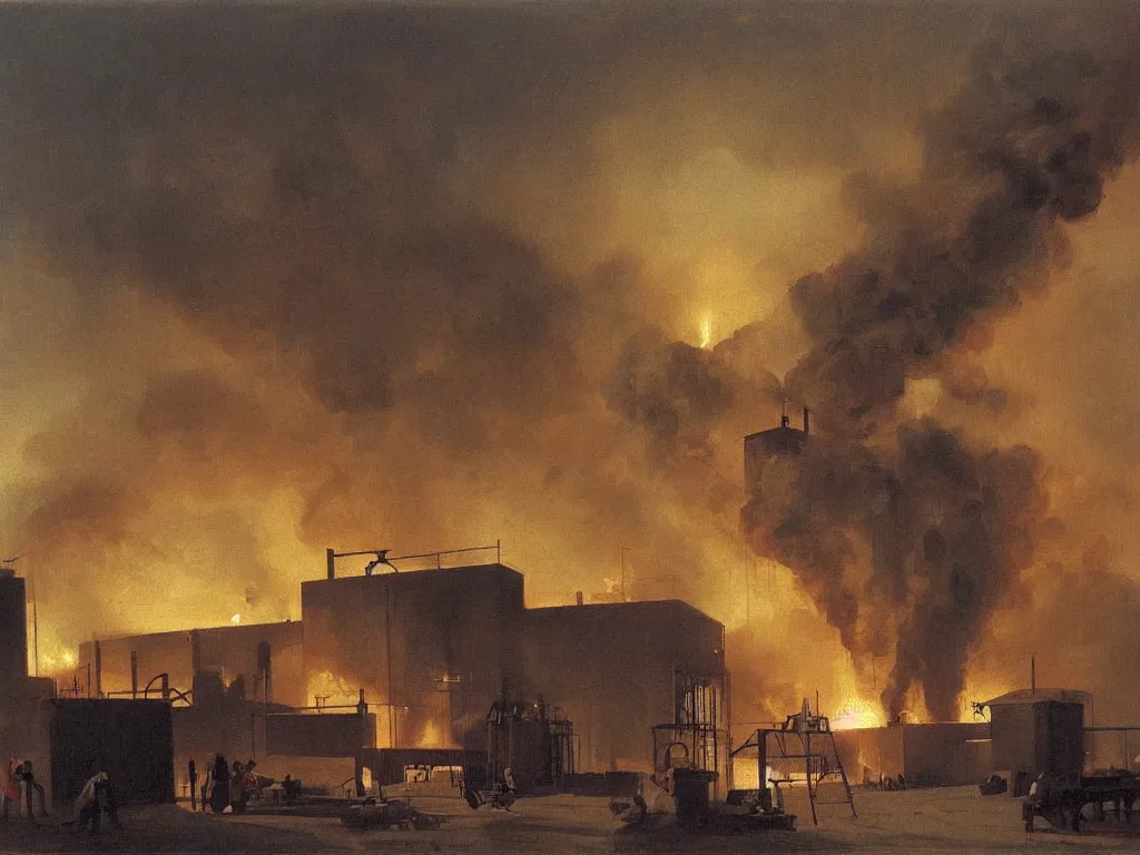 Image similar to a painting of an explosion in a factory by peter ilsted