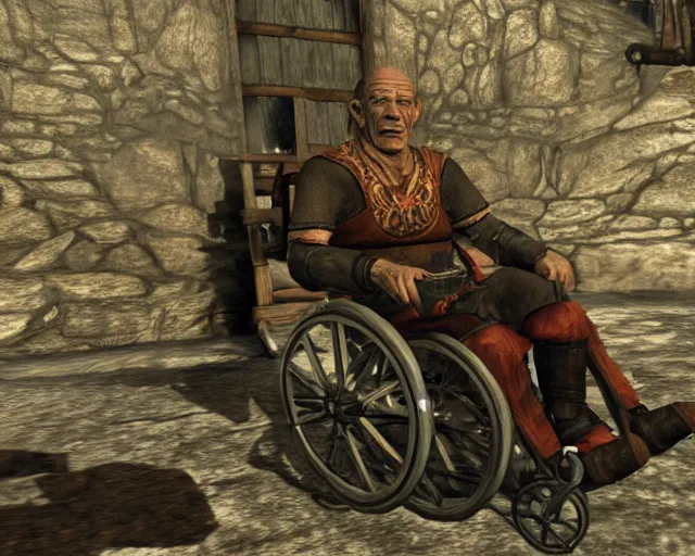 Prompt: hector salamanca on a wheelchair in skyrim, videogame screenshot, skyrim graphics