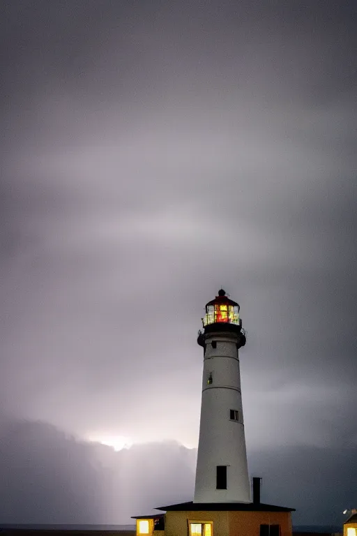 Image similar to photo lighthouse on island, heavy rain, lightning storm, boat lights in distance, night, light shining, XF IQ4, 150MP, 50mm, f/1.4, ISO 200, 1/160s, natural light, Adobe Photoshop, Adobe Lightroom, DxO Photolab, polarizing filter, Sense of Depth, AI enhanced, HDR