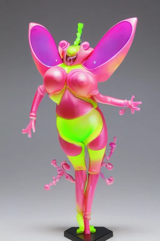 Image similar to a fat bubbly super detailed anime figurine with fluo color detail, and muted arm colors, that looks like a insect, decorated by plastic synthetic ionized metal flower sculptures