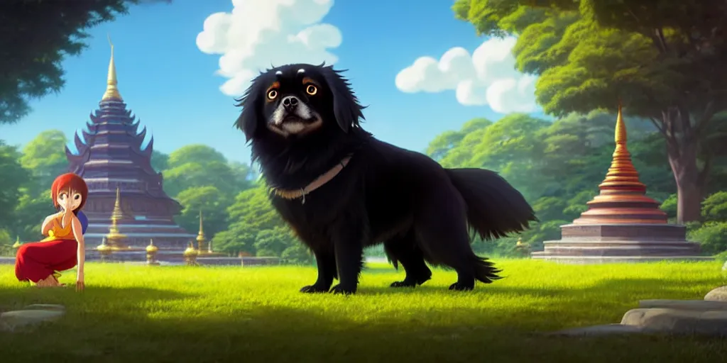 Prompt: a wholesome animation key shot of a black tibetan spaniel, thai temple in the background, studio ghibli, pixar and disney animation, sharp, rendered in unreal engine 5, anime key art by greg rutkowski, bloom, dramatic lighting