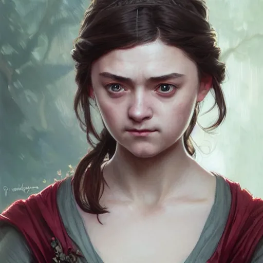 Image similar to portrait of arya stark, intricate, elegant, highly detailed, digital painting, artstation, concept art, smooth, sharp focus, illustration, art by artgerm and greg rutkowski and alphonse mucha and william - adolphe bouguereau