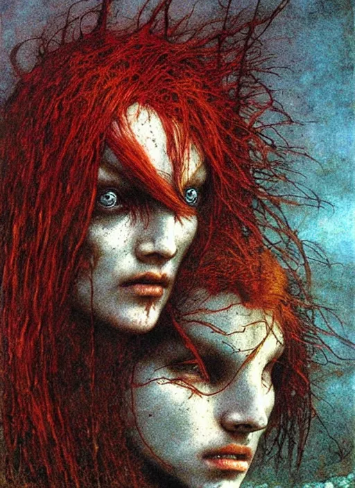 Prompt: redhead barbarian girl by Beksinski and Arthur Rackham