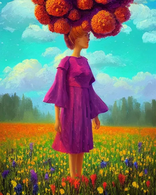 Image similar to girl with giant flower as a face and flower dress, standing in a flower field hills, big trees, sunrise dramatic light, impressionist painting, colorful clouds, digital painting, pointillism, artstation, simon stalenhag