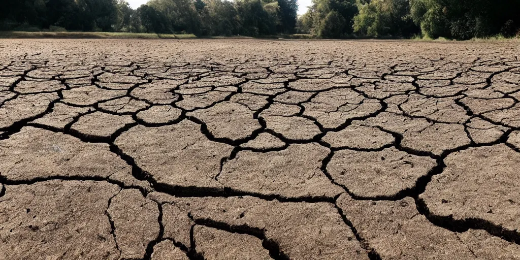 Image similar to Parched ground on Hampstead Heath. walking with aunt, cracks in ground, drought, blue sky, photorealistic