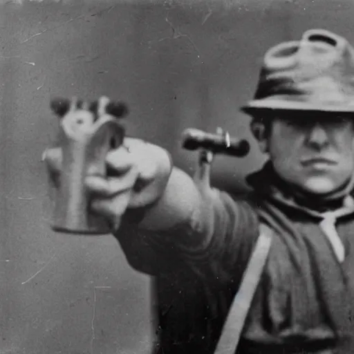 Prompt: a man pointing a sawed off shotgun at the camera, 120mm black and white photograph