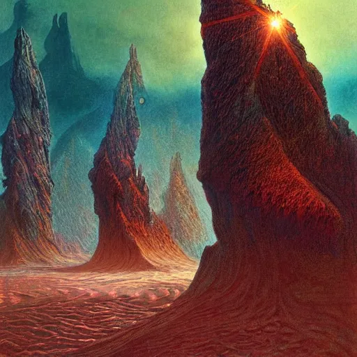 Image similar to artistic digital artwork of an epic natural scene on an alien planet. beautiful landscape by vincent bons, michael whelan, remedios varo and gerardo dottori. grainy and rough. interesting pastel colour palette. beautiful light. oil and water colour based on high quality render.