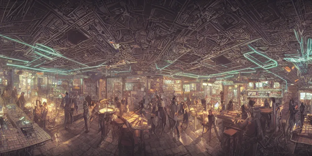 Prompt: Highly detailed realistic photo of interior design in style of minimalism by Hiromasa Ogura and Josan Gonzalez of detailed cyberpunk tavern with stone walls and neon lights, a lot of electronics and people, many details. Natural white sunlight from the transperient roof. Panorama on 360 degrees Rendered in 32K in VRAY and DaVinci Resolve and MAXWELL and LUMION 3D, Volumetric natural light