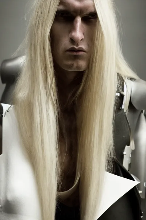 Prompt: photo quality, 8 k, rick owens, high fashion, blonde long haired model, ex machina