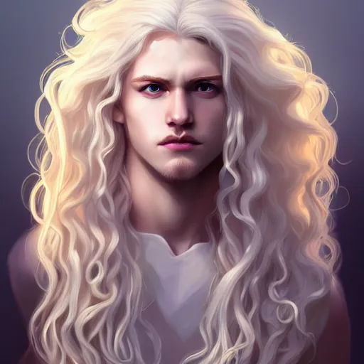 Prompt: Lucius the pale blond androgynous god of the sun, highly detailed, very very very long curly blond hair, extremely luscious curly blond hair, baroque curls, very very very pale white skin, digital painting, artstation, concept art, soft light, sharp focus, illustration