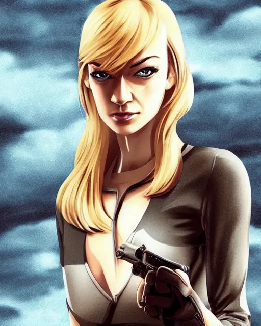 Image similar to yvonne strahovski in a spy outfit, anime medium shot, very anime, ambient lighting, perfect composition, ambient lighting, beautiful face, very extremely detailed blue eyes, eyes in the focal point, smooth shading, digital art