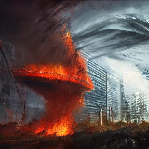 Image similar to damaged city, high - tech, concept art, forest, fire tornado, high resolution