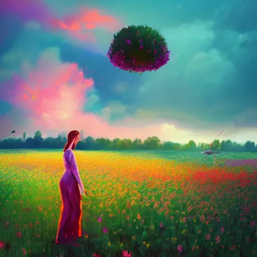 Image similar to giant flower as a head, girl walking in flower field, surreal photography, sunrise, dramatic light, impressionist painting, colorful clouds, digital painting, artstation, simon stalenhag