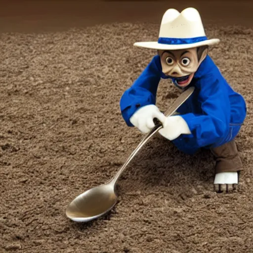 Image similar to slappy the dummy digging into the floor with a spoon