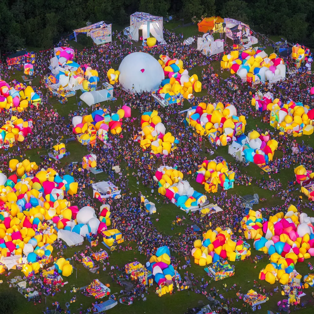 Image similar to festival theme camp called the poppin'kernels, with giant popcorn and movie projector outdoors at night, carnival lighting, outdoor cinema